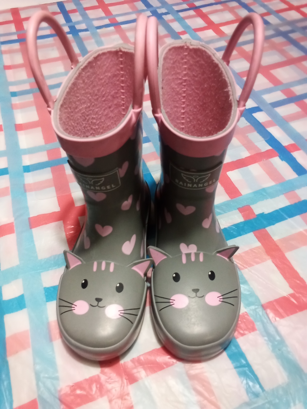 Kids Rain Boots with Cat Face - Pink & Gray